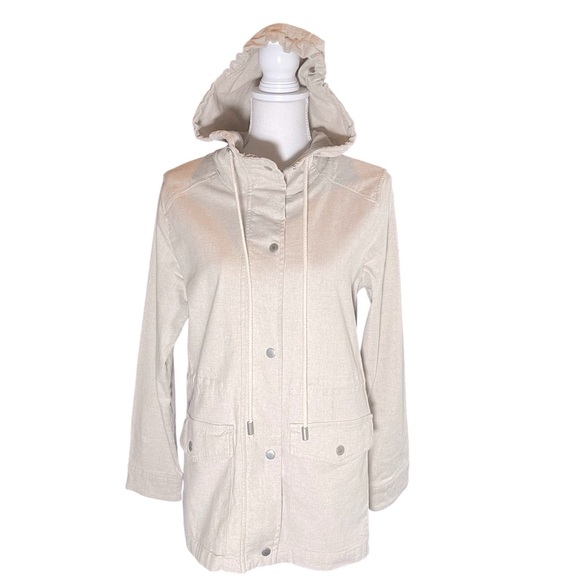 Market & Spruce Linen Blend Utility Jacket Hooded Cinch Waist Cream Oatmeal Sz M - Picture 4 of 15